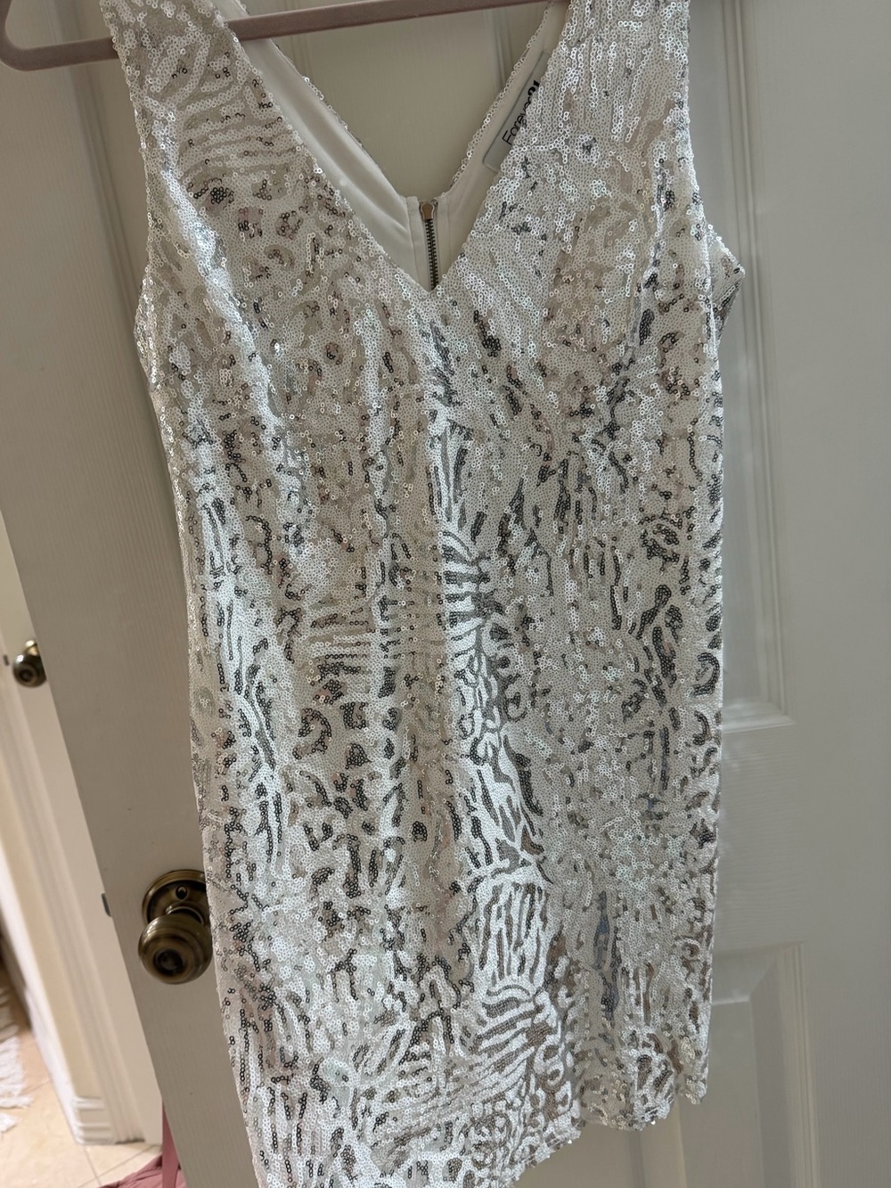Forever 21 White & Silver Sequined V-Neck Mini Dress